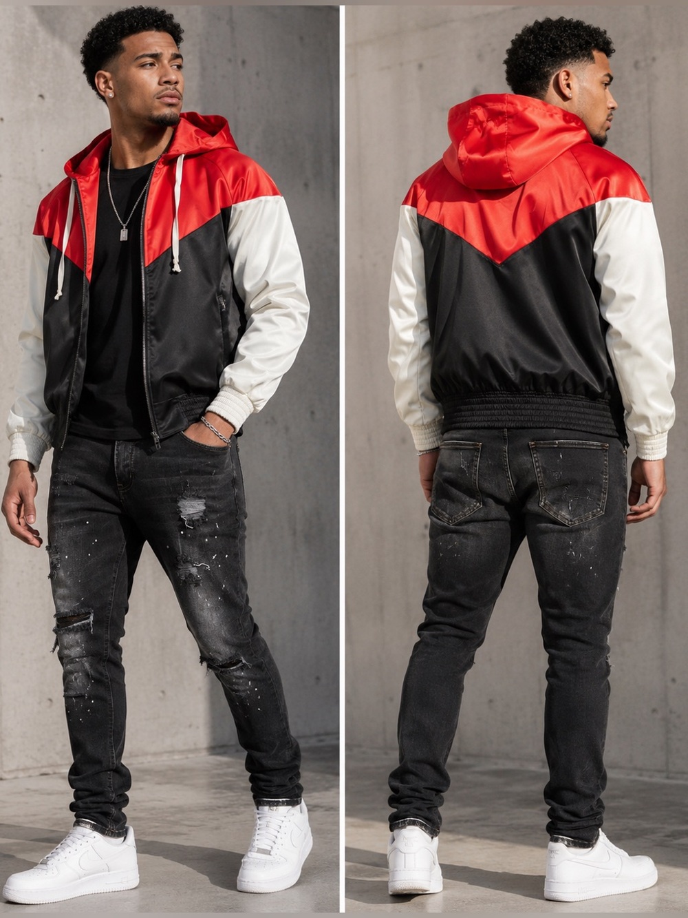 New Men's Crysp Denim Satin ColorBlock Windbreaker Zip Up Jacket - S